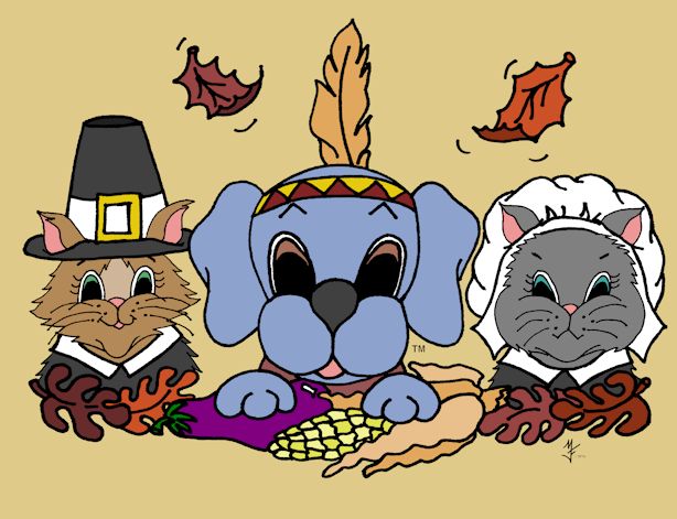 Dreamee Dog celebrates Thanksgiving with her cat friends.
