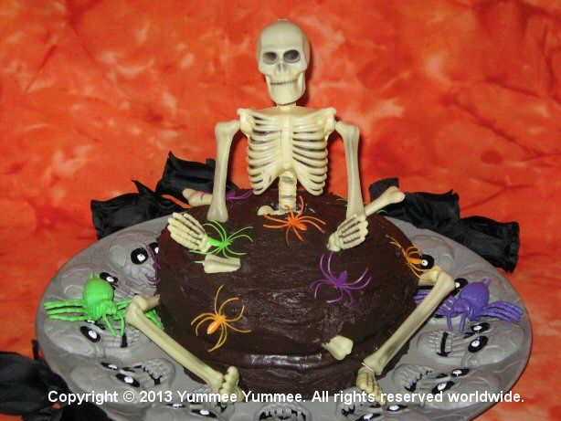 Fudgee Chocolate Velvet Cake with a spooky skeleton. Some minor skeleton surgery involved; it's a blood free operation.