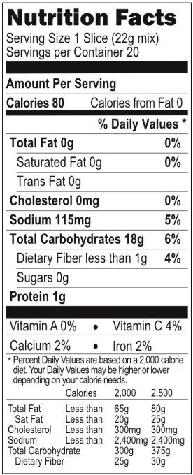 Nutrition Facts for Yummee Yummee's Breads mix.