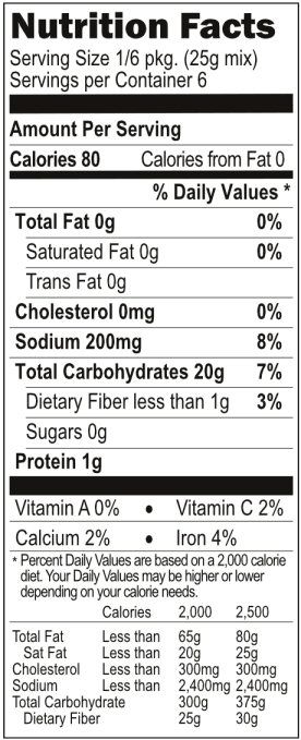 Nutrition Facts for Yummee Yummee's Dreamees mix.