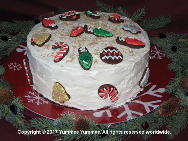 Cake with cookie decorations, frosted in Sandwich Cookie Filling Cake with cookie decorations, frosted in Sandwich Cookie Filling